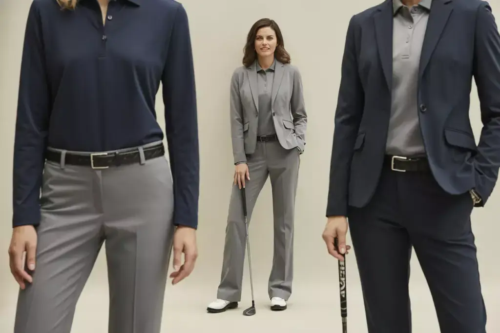 A Professional Woman In A Stretch Blazer And Performance Pants At A Business Casual Indoor Golf Event