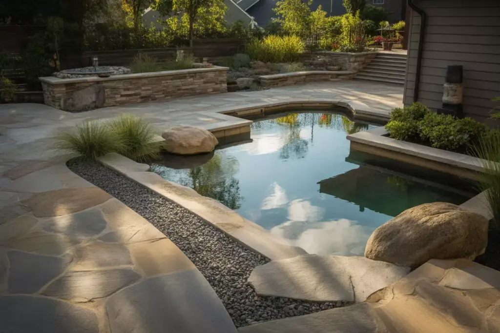 Backyard Oasis With Flagstone Patio Reflection Pool Boulders And Ornamental Grasses