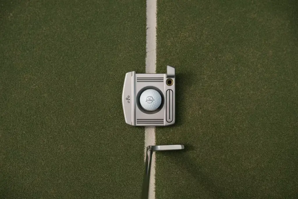 Overhead View Of A Mallet Putter Aligned On A Putting Green