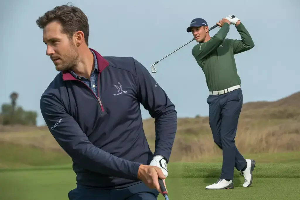 Golfer in quarter zip pullover layered over collared shirt