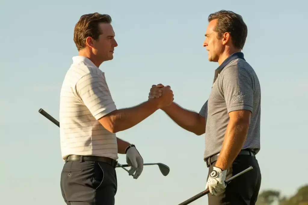 Two Golfers Sharing A Firm Post Round Handshake With Direct Eye Contact And Open Body Language