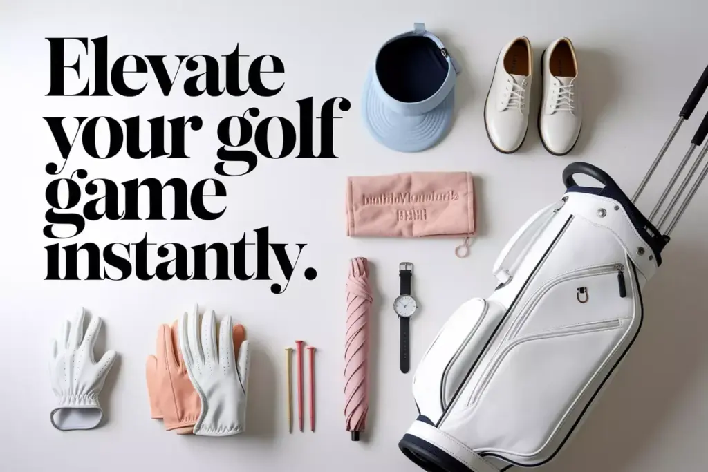 Curated flat lay of essential womens golf gear on clean background