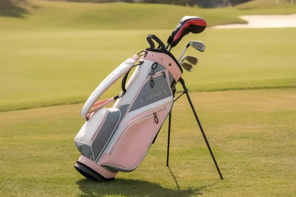 Modern womens golf bag with stand on fairway