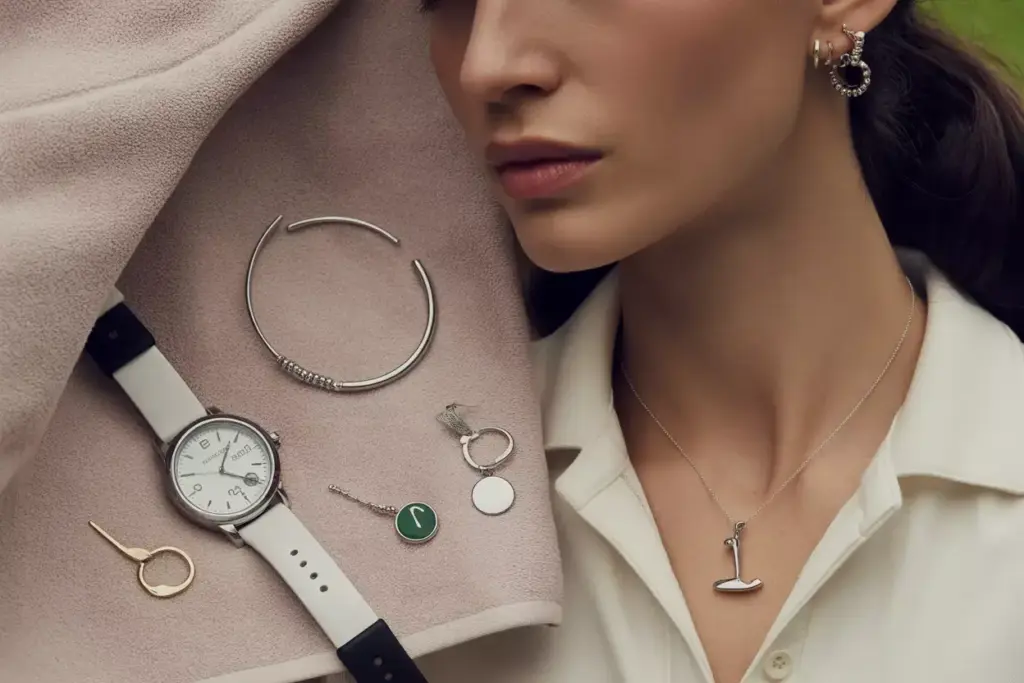 Flat lay of elegant golf themed jewelry watch