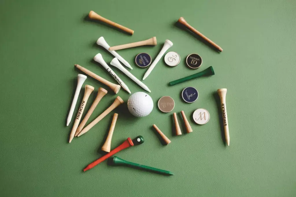 Assorted premium golf tees and personalized markers