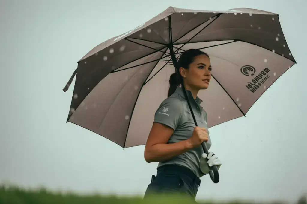 Golfer with large umbrella walking in rain