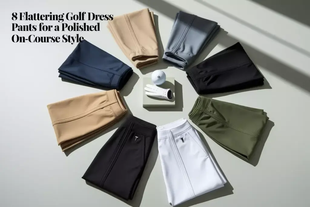 Eight high performance golf pants flat lay with accessories on clean background
