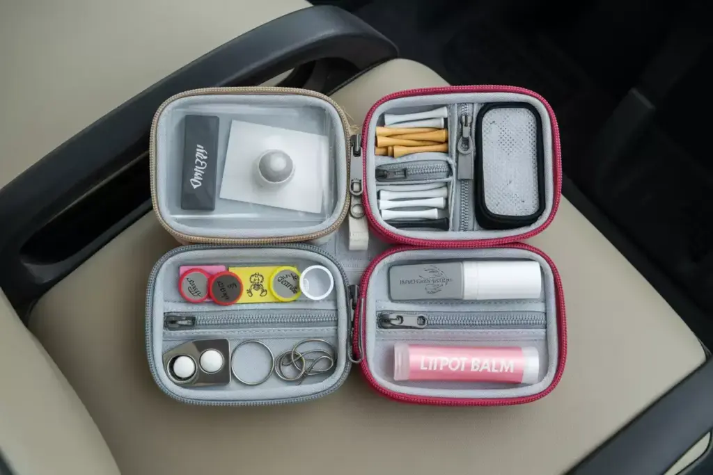 Open multi compartment golf accessory pouch with contents