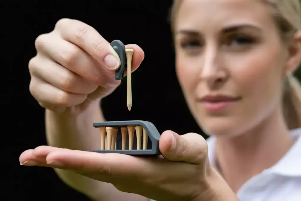 Womans hand dispensing tee from spring loaded holder