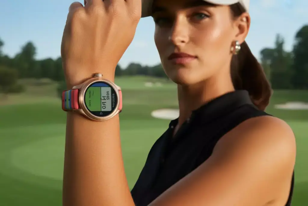Womans gps golf watch displaying yardages on course