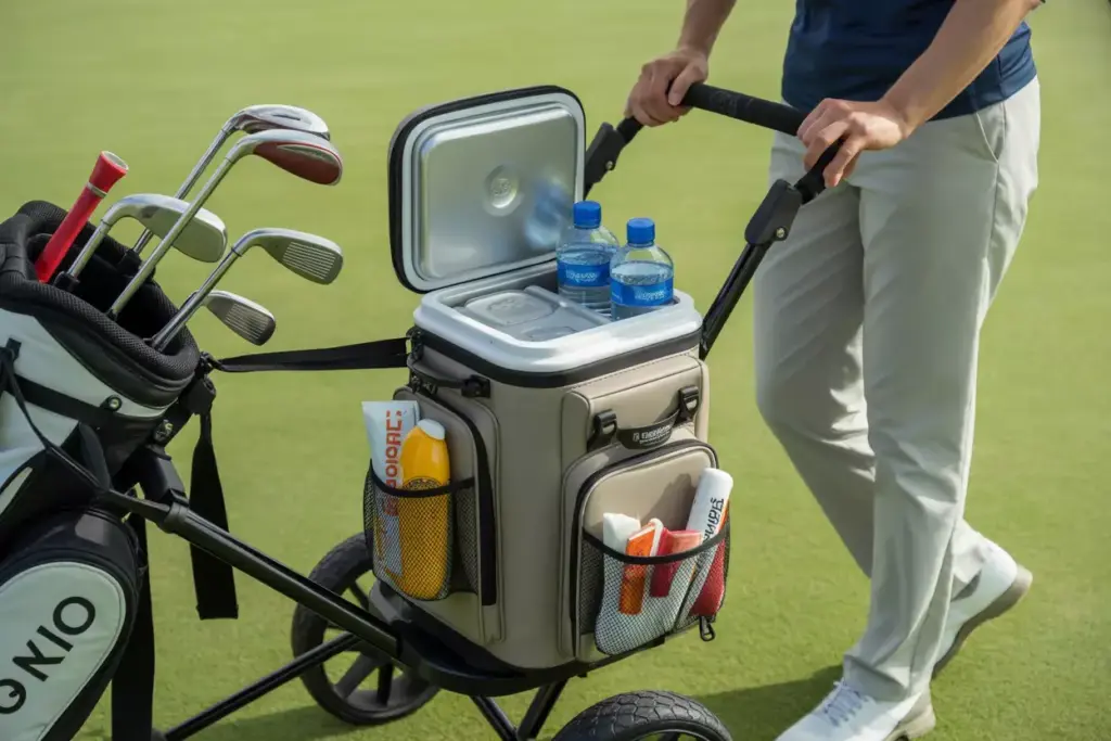 Insulated golf cooler attached to bag showing contents