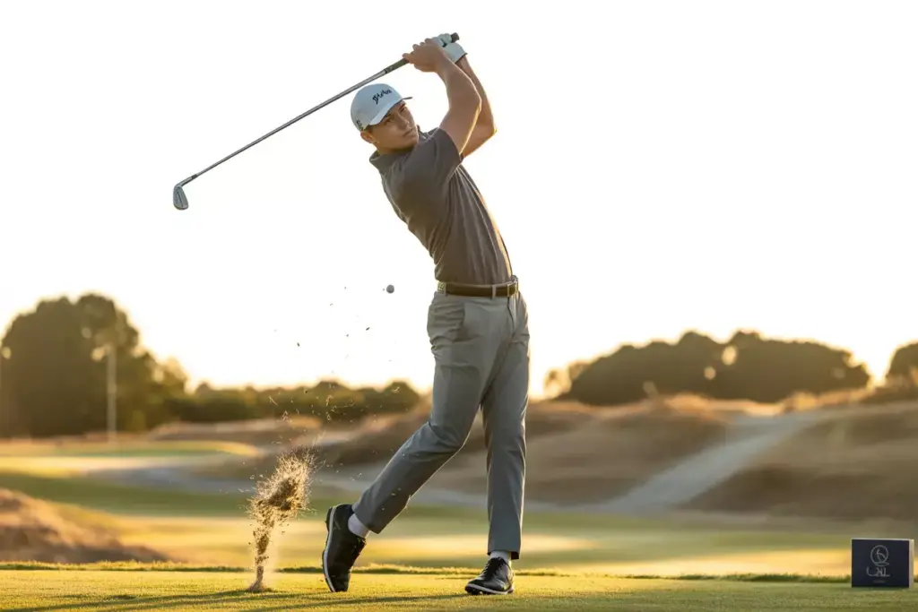 A High School Senior Golfer In A Fitted Polo Executing A Perfect Swing On A Course At Golden Hour