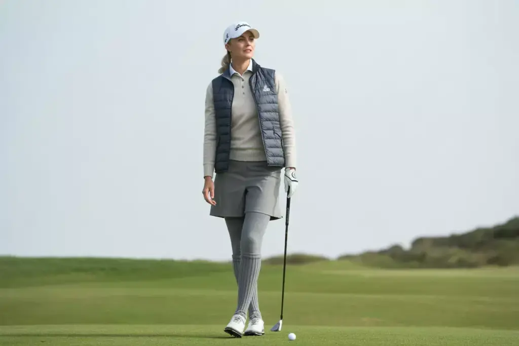 A Woman Golfer Wearing A Cashmere Sweater Quilted Vest And Thermal Base Layer On A Fairway