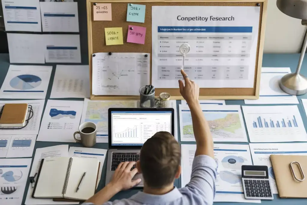 Overhead Documentary View Of Market Research Materials Demographic Reports Competitor Charts And Laptop On Table