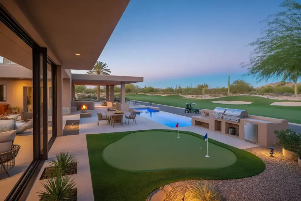 Stunning Contemporary Home With Infinity Pool And Putting Green Opening To Desert Golf Fairway At Sunset