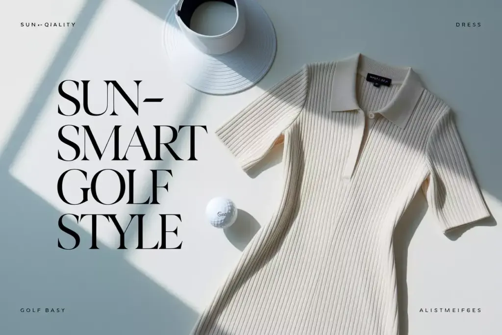 Sophisticated sleeved golf dress laid flat with accessories on minimalist background