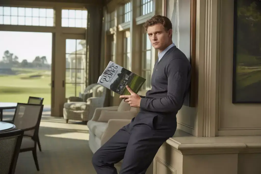 A Senior Golfer Posing Confidently In An Upscale Clubhouse With Natural Window Lighting