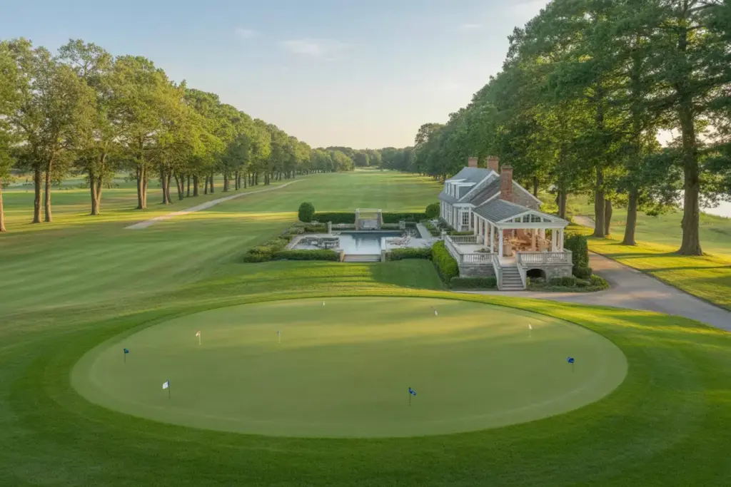 Classic Hamptons Colonial Mansion With Chipping Area And Manicured Lawns Merging Into Golf Course