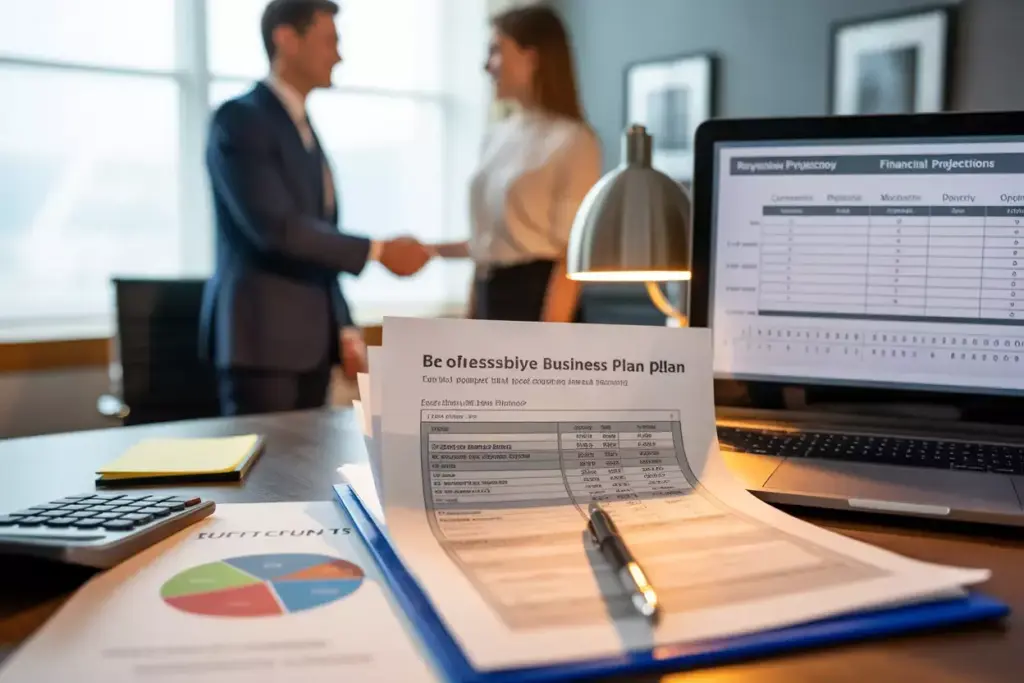 Professional Studio Shot Of Business Plan Document Financial Charts And Handshake In Office Setting