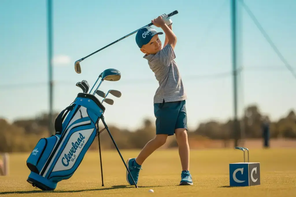 Young Golfer Swinging Cleveland Junior Set On Practice Range