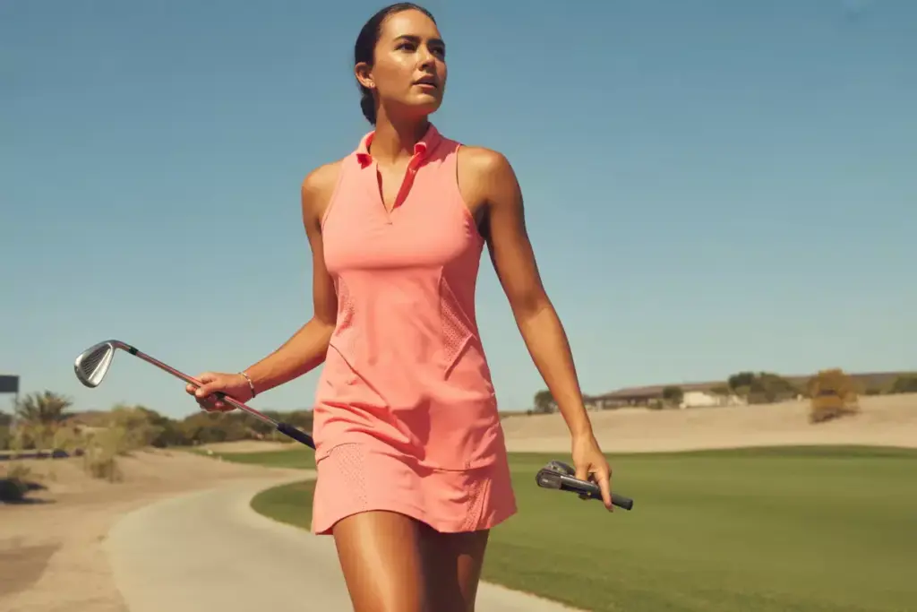 Coral pink sleeveless shift dress golfer walking in sun