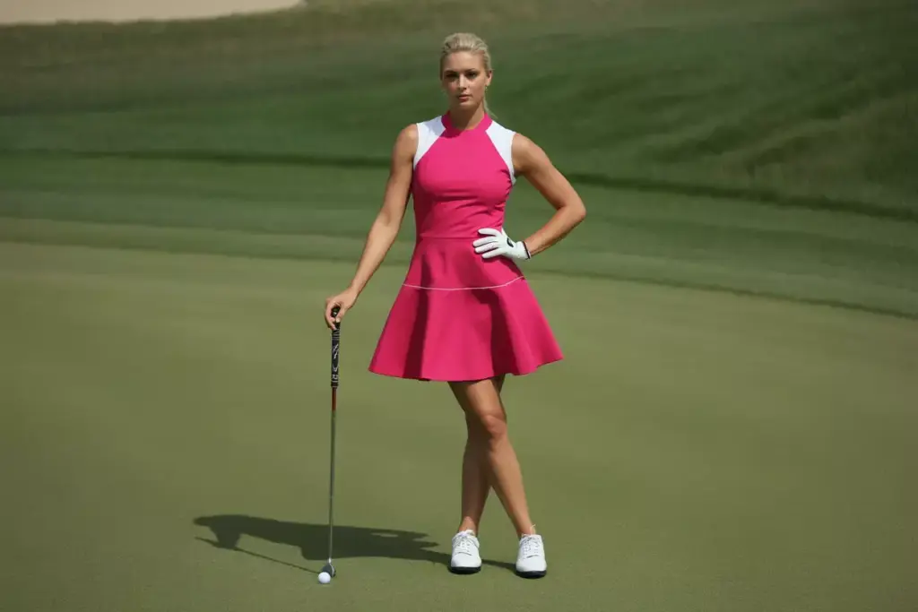 Fuchsia fit and flare golf dress confident pose on green