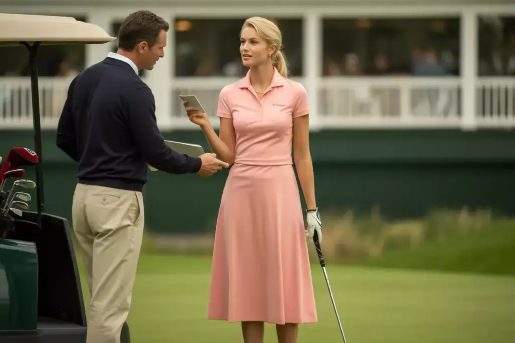 Salmon pink midi length golf dress professional course setting