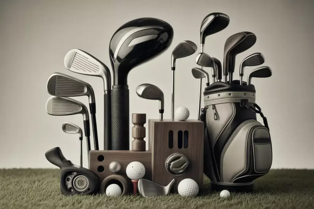 An Artistic Black And White Still Life Of Golf Clubs And Balls Arranged In A Geometric Pattern