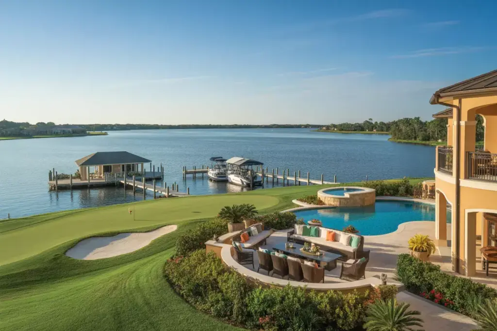 Mediterranean Villa With Resort Pool And Putting Green On Peninsula Overlooking Lake And Golf Course