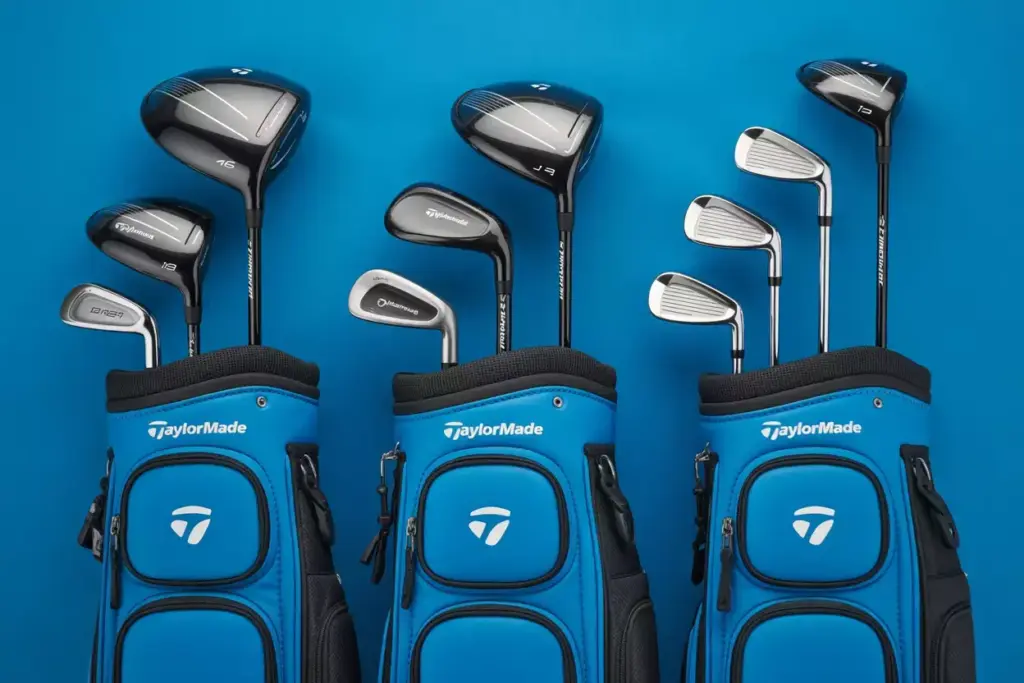Taylormade Three Age Group Junior Sets And Blue Bags Flat Lay