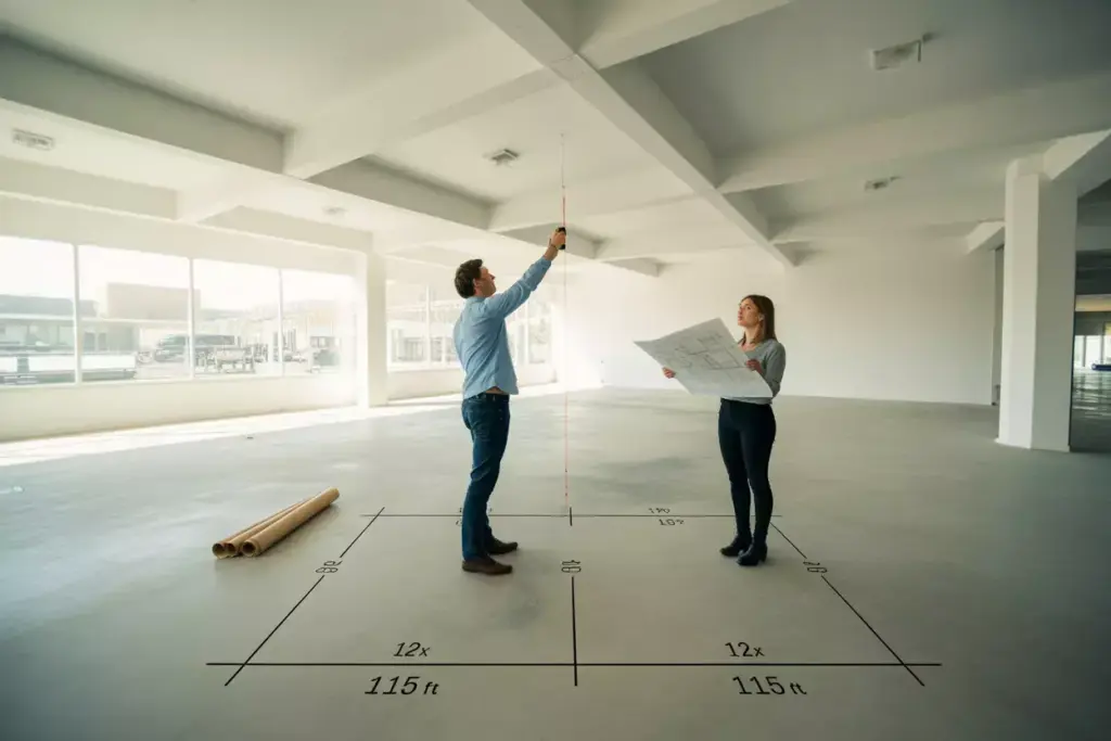 Wide Angle View Of Empty High Ceiling Commercial Space With Person Meuring For Simulator Bays