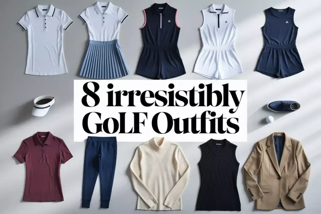 Eight stylish womens golf outfits flat lay with accessories on clean background