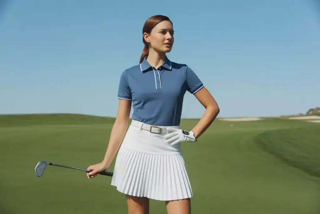 Timeless navy polo white pleated skirt golfer fairway ready