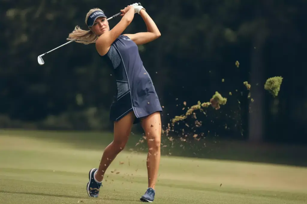 Modern athletic golf dress mesh panels swing action