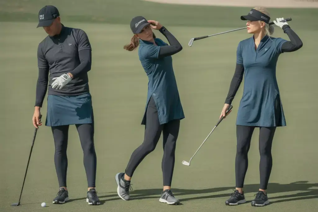 High performance leggings long tunic athletic golf pose