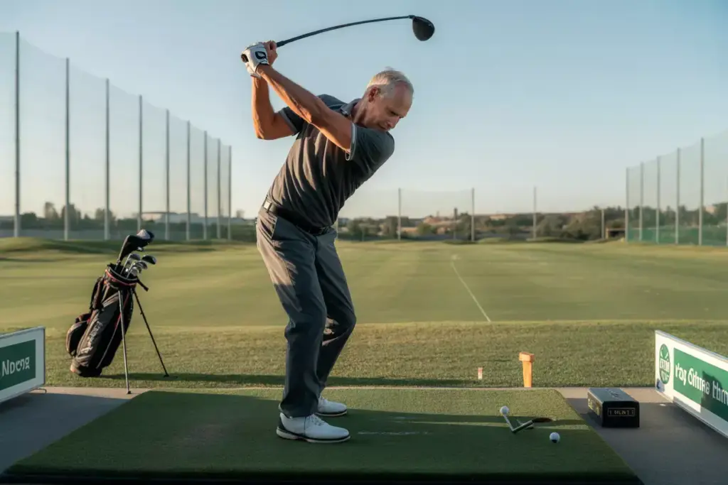 A Golfer At Impact On A Driving Range Capturing Ball Flight And Power