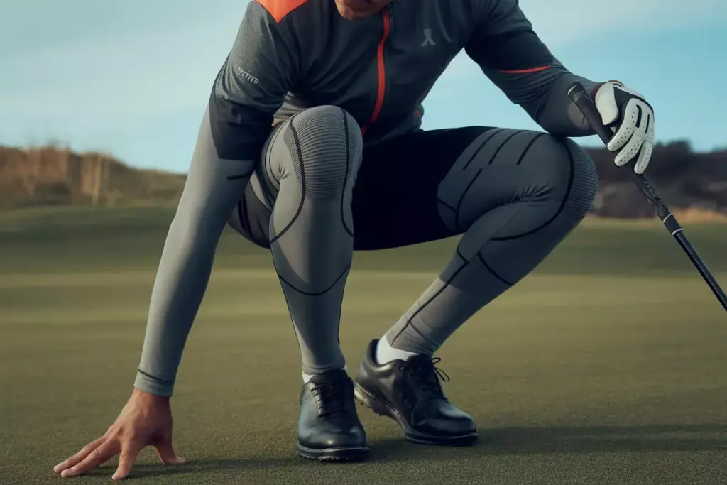 An Athletic Golfer In Technical Compression Base Layer And Performance Jacket During Cold Weather Play