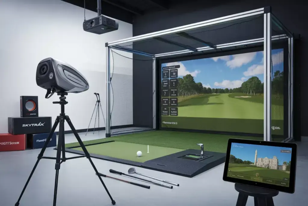 High Tech Product Shot Of Premium Golf Simulator Launch Monitor Screen And Software In Showroom