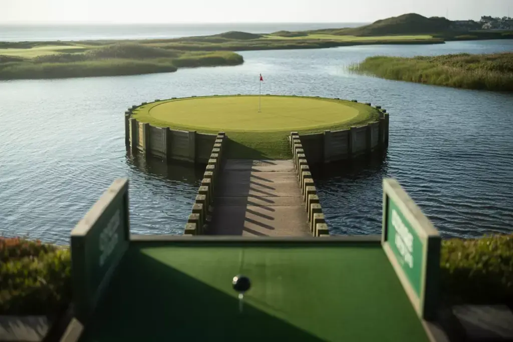 Intimidating First Person View Of Island Green Par 3 Over Water