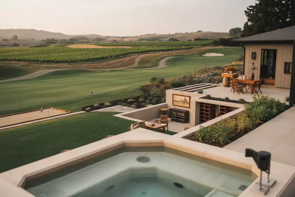 Modern Napa Farmhouse With Terraced Backyard Infinity Spa And Bocce Court Overlooking Vineyards And Golf Course