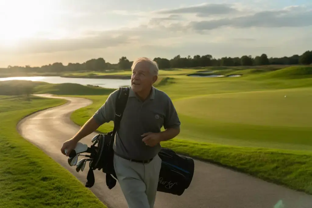 A Golfer Walking Casually Along A Cart Path With A Scenic Course Backdrop In Fall