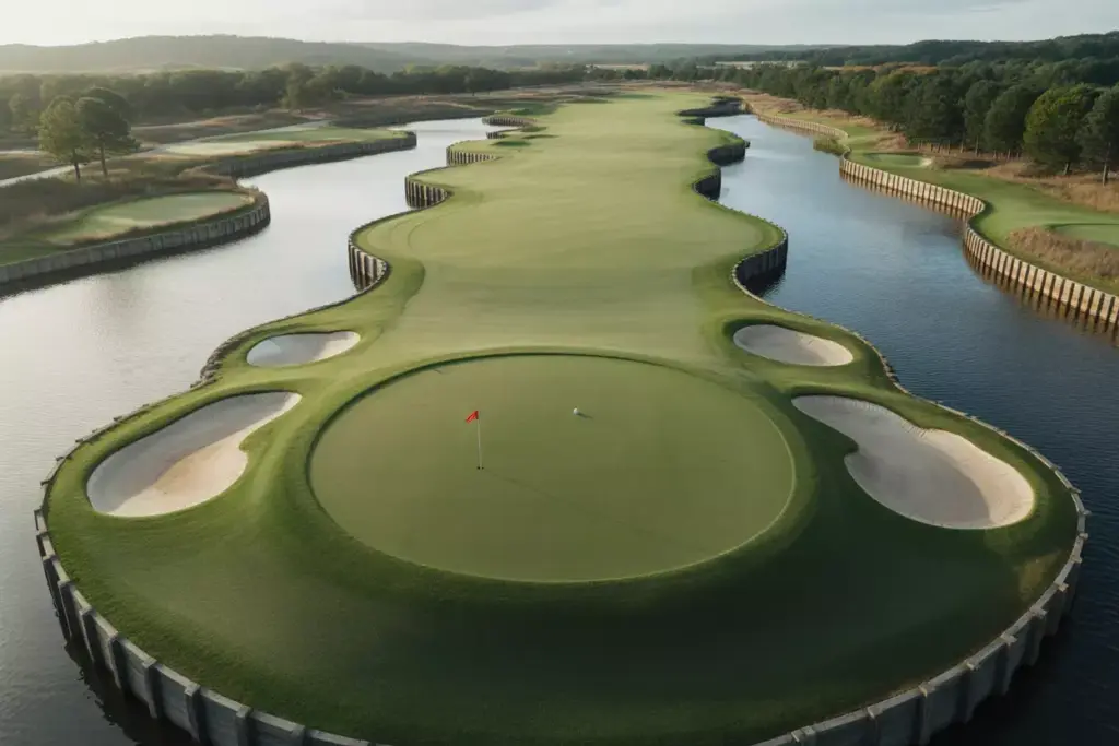 Aerial View Of Dogleg Fairway With Narrow Landing Area And Hazards