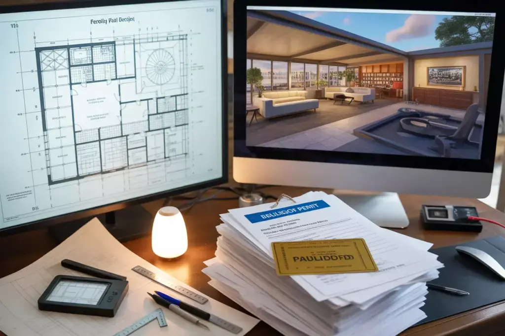 Architects Desk With Floor Plan Blueprint 3d Render Of Layout And Approved Building Permits