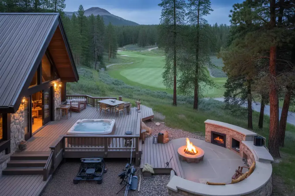 Timber And Stone Mountain Lodge With Hot Tub And Fire Pit On Deck Overlooking Golf Course In Rockies