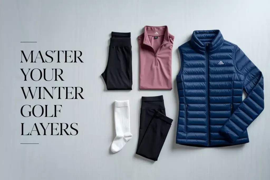Essential winter golf layering system flat lay for women