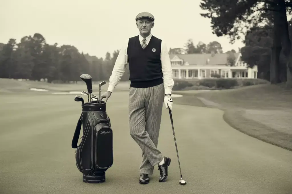 A Golfer In Vintage Knickers And Cap Posing Formally With Classic Leather Clubs At A Historic Course