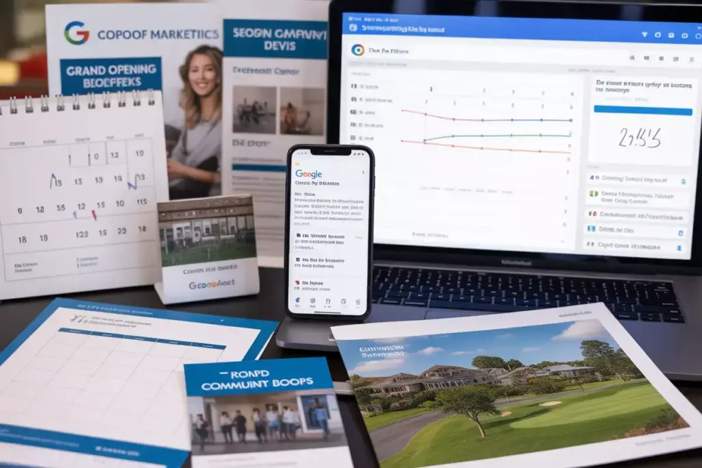 Dynamic Marketing Dashboard With Digital Analytics And Printed Grand Opening Promotional Materials