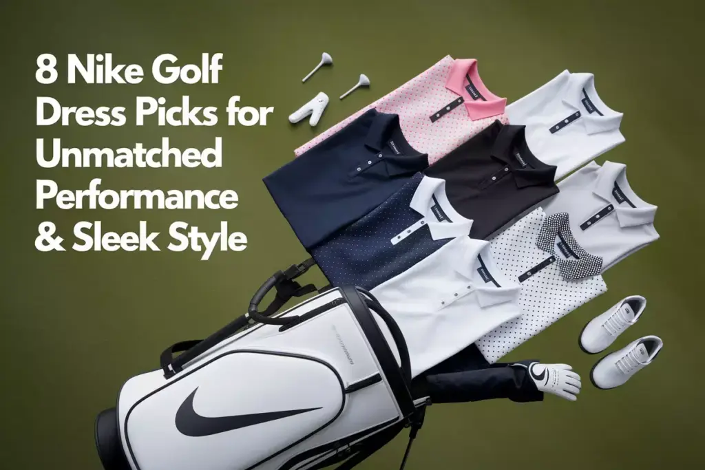 Eight nike golf dresses artfully arranged on minimalist bag on course