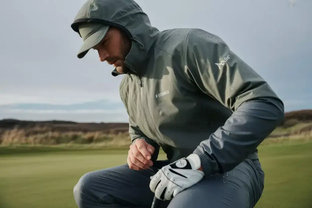 A Professional Golfer In A Waterproof Jacket And Pants Braving Rain And Cold On The Course