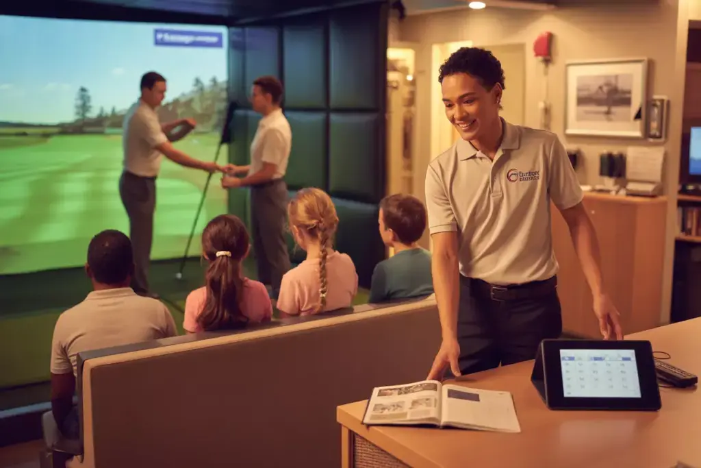 Staff Member In Branded Apparel Assisting Customers In A Busy Indoor Golf Simulator Facility